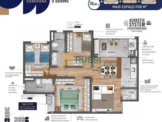 Apartamento com 76m² 3 quartos e 2 banheiros, à venda, no bairro Vila Industrial em São José dos Campos