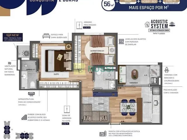 Apartamento com 56m² 2 quartos e 2 banheiros, à venda, no bairro Vila Industrial em São José dos Campos