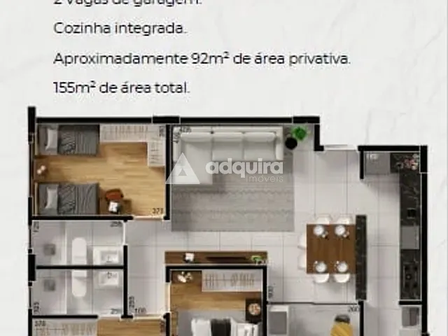 Apartamento com 155m² 3 quartos e 2 banheiros, à venda, no bairro Jardim Carvalho em Ponta Grossa