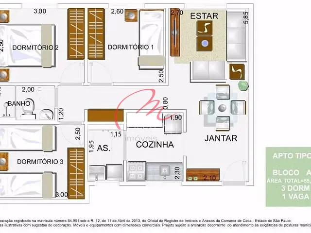 Apartamento com 55m² 3 quartos e 1 banheiro, à venda, no bairro Vila São Joaquim em Cotia