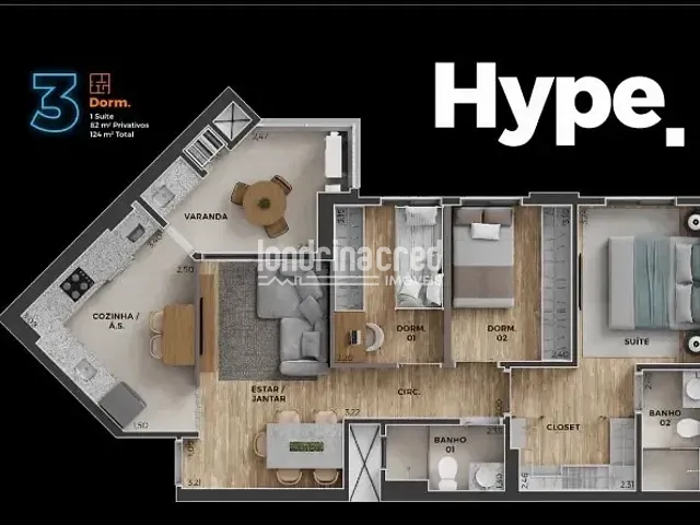 Apartamento 3 quartos e 2 banheiros, à venda, no bairro Gleba Fazenda Palhano em Londrina