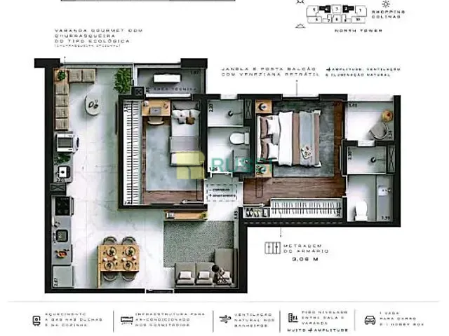 Apartamento com 65m² 2 quartos e 2 banheiros, à venda, no bairro Jardim das Colinas em São José dos Campos