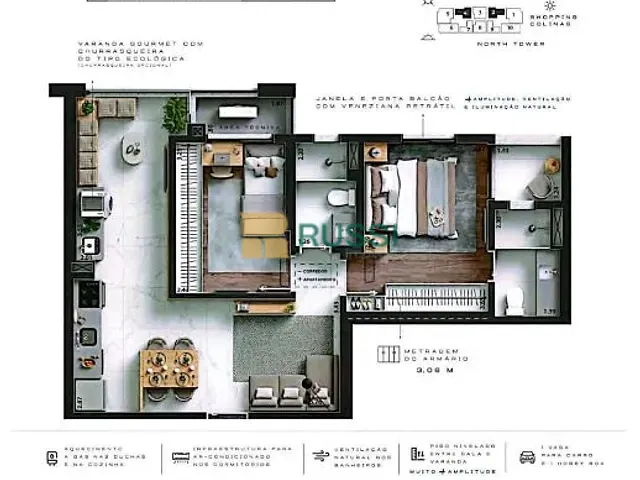 Apartamento com 65m² 2 quartos e 2 banheiros, à venda, no bairro Jardim das Colinas em São José dos Campos