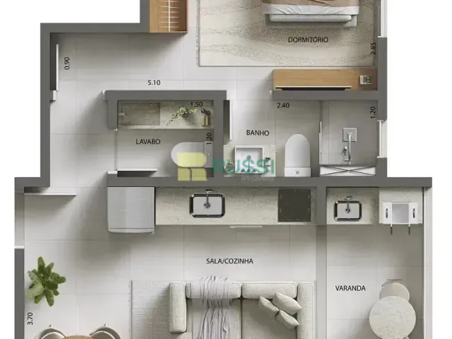 Apartamento com 49m² 1 quarto e 1 banheiro, à venda, no bairro Martim de Sá em Caraguatatuba