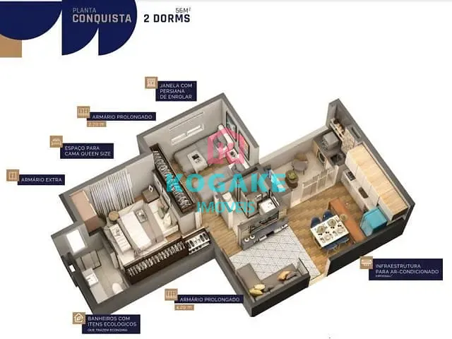 Apartamento com 56m² 2 quartos e 2 banheiros, à venda, no bairro Vila Industrial em São José dos Campos