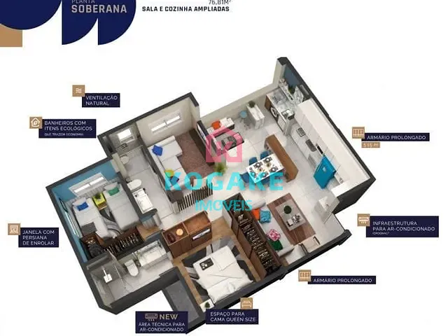 Apartamento com 56m² 2 quartos e 2 banheiros, à venda, no bairro Vila Industrial em São José dos Campos