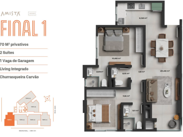 Apartamento com 69m² 2 quartos e 3 banheiros, à venda, no bairro Morretes em Itapema