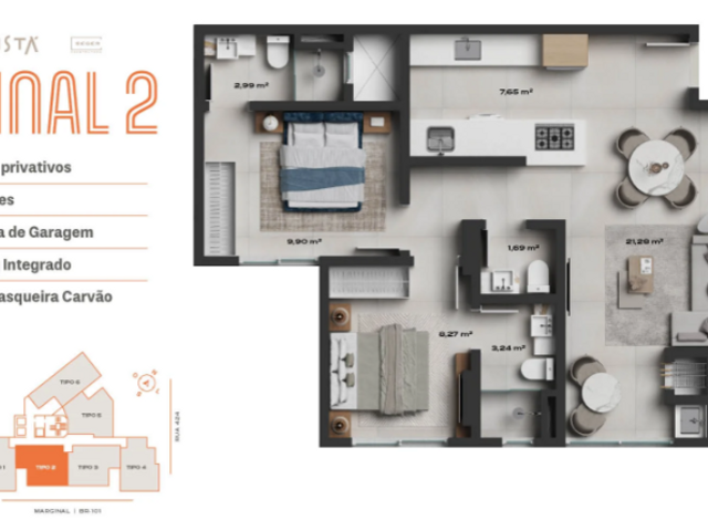 Apartamento com 69m² 2 quartos e 3 banheiros, à venda, no bairro Morretes em Itapema