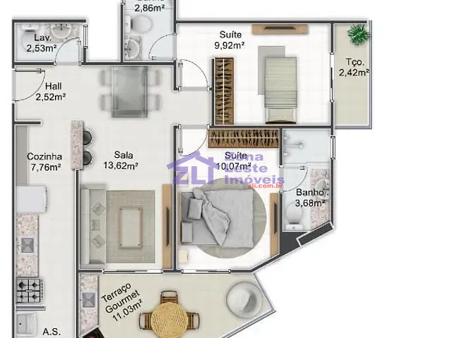Apartamento com 80m² 2 quartos e 3 banheiros, à venda, no bairro Vila Caiçara em Praia Grande