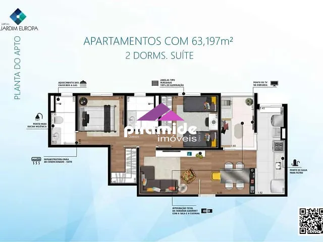 Apartamento com 63m² 2 quartos e 2 banheiros, à venda, no bairro Jardim Satélite em São José dos Campos