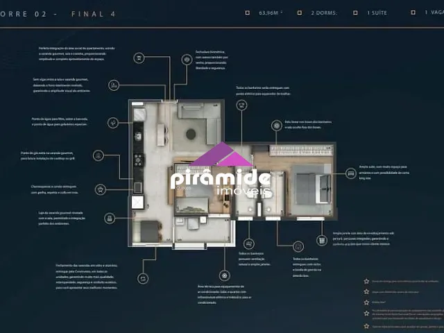 Apartamento com 64m² 2 quartos e 2 banheiros, à venda, no bairro Condomínio Royal Park em São José dos Campos