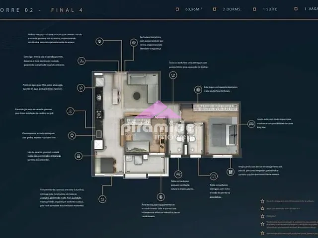 Apartamento com 64m² 2 quartos e 2 banheiros, à venda, no bairro Condomínio Royal Park em São José dos Campos