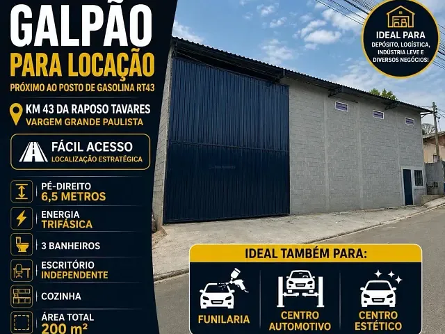 Galpão / Barracão com 200m², para alugar, no bairro São Judas Tadeu em Vargem Grande Paulista