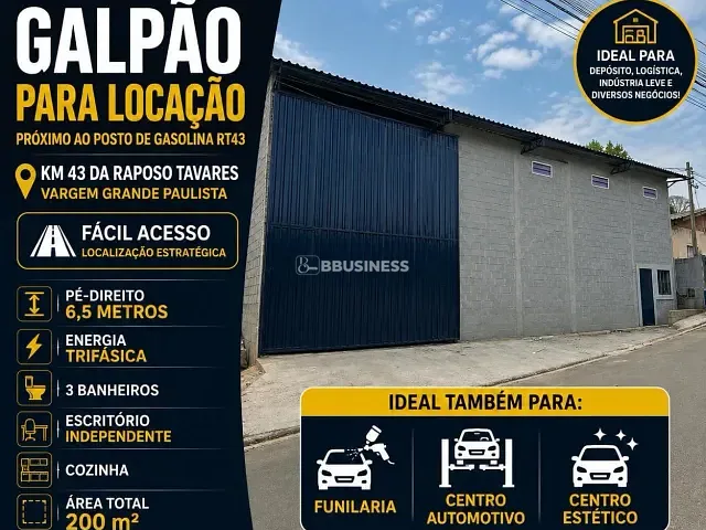 Galpão / Barracão com 200m², para alugar, no bairro São Judas Tadeu em Vargem Grande Paulista