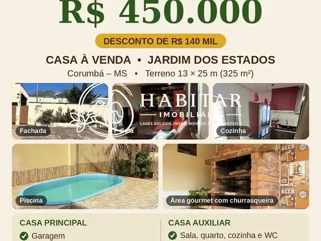 Casa com 325m² 3 quartos e 3 banheiros, à venda, no bairro Jardim dos Estados em Corumbá