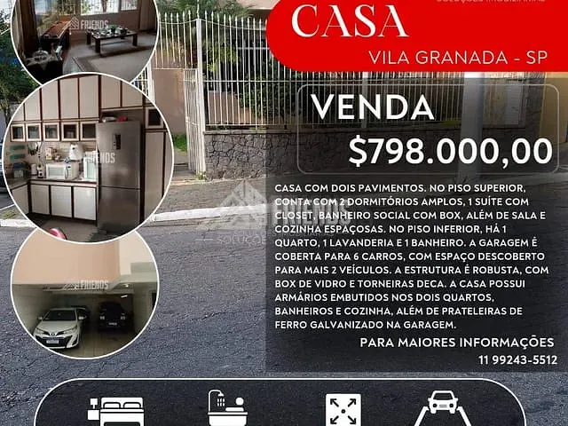 Casa com 200m² 3 quartos e 2 banheiros, à venda, no bairro Vila Granada em São Paulo