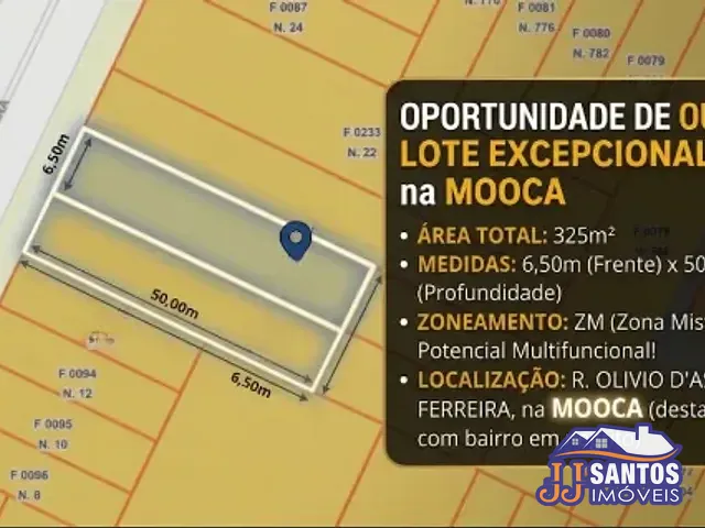 Terreno com 325m², à venda, no bairro Mooca em São Paulo