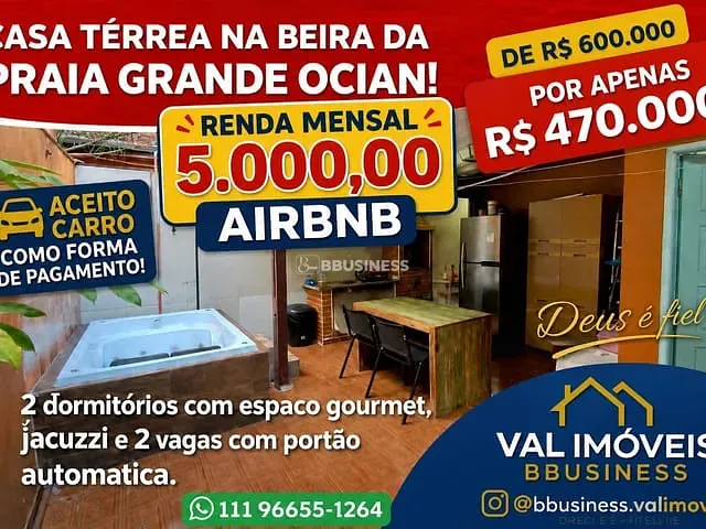 Casa 2 quartos e 2 banheiros, à venda, no bairro Tupi em Praia Grande