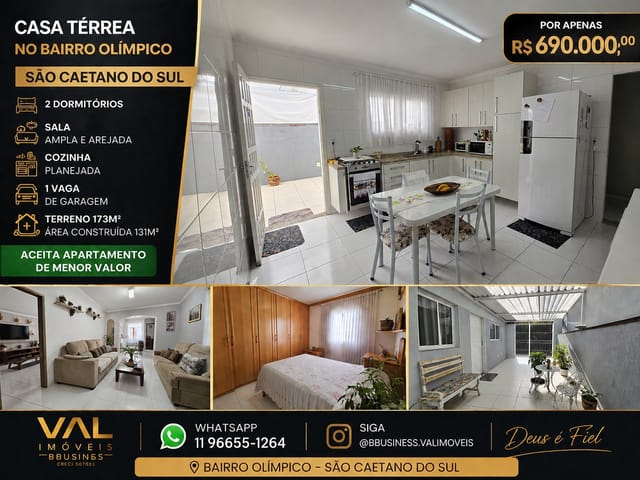 Casa 2 quartos e 2 banheiros, à venda, no bairro Olímpico em São Caetano do Sul