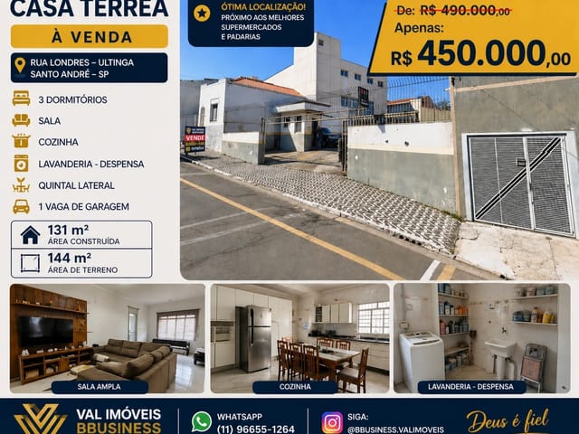 Casa com 144m² 3 quartos e 2 banheiros, à venda, no bairro Utinga em Santo André