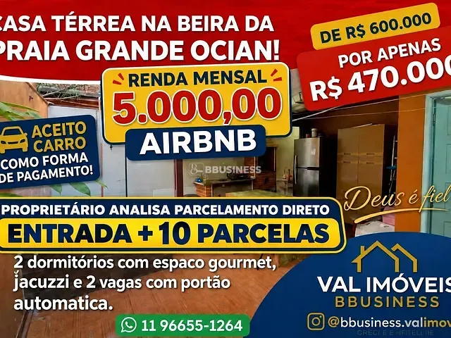Casa 2 quartos e 2 banheiros, à venda, no bairro Ocian em Praia Grande