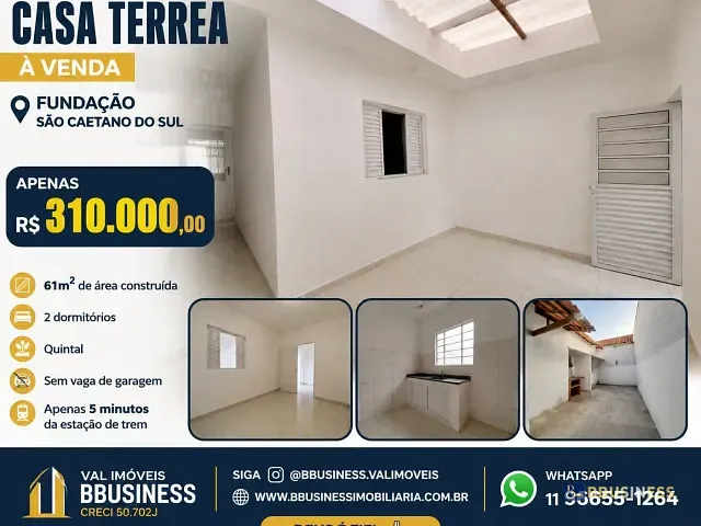 Casa 2 quartos e 1 banheiro, à venda, no bairro Fundação em São Caetano do Sul