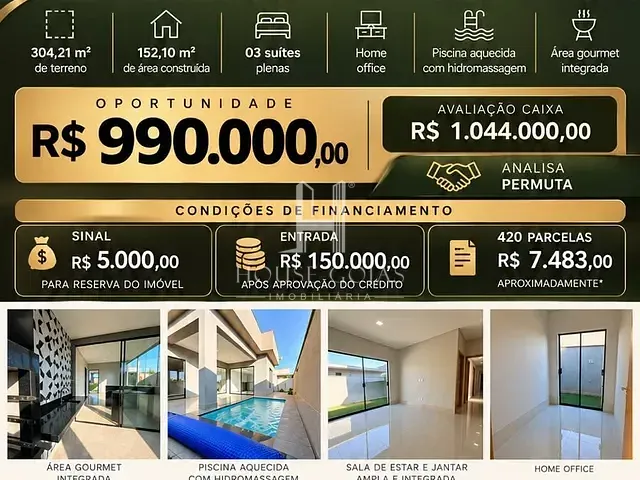 Casa com 303m² 3 quartos e 4 banheiros, à venda, no bairro Terras Alpha Residencial 2 em Senador Canedo