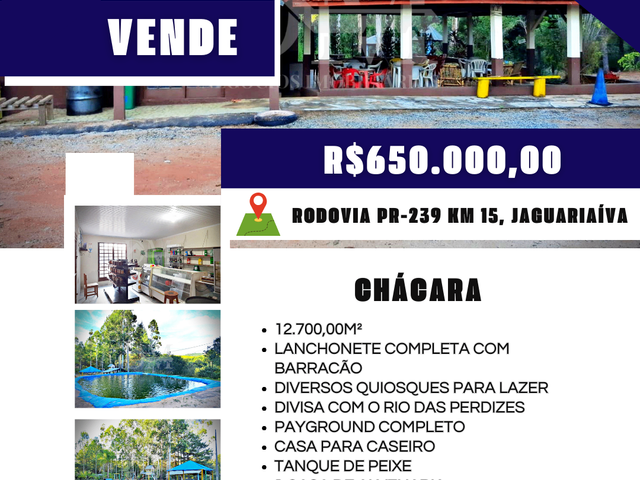 Chácara com 12700m² 1 quarto e 1 banheiro, à venda, no bairro Chácara Perdizes em Jaguariaíva