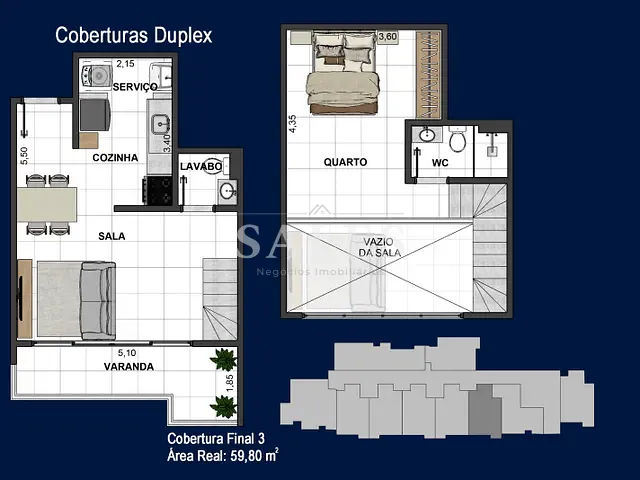 Cobertura / Penthouse com 60m² 1 quarto e 2 banheiros, à venda, no bairro São Mateus em Juiz de Fora