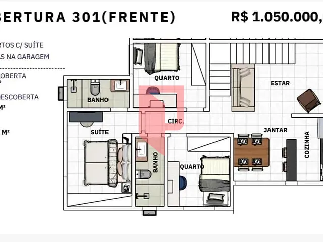 Cobertura / Penthouse 3 quartos e 2 banheiros, à venda, no bairro Caiçaras em Belo Horizonte