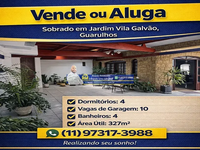 Sobrado com 348m² 4 quartos e 4 banheiros, à venda, no bairro Jardim Vila Galvão em Guarulhos