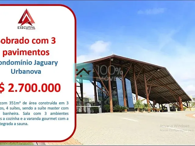 Sobrado com 457m² 4 quartos e 5 banheiros, à venda, no bairro Urbanova em São José dos Campos