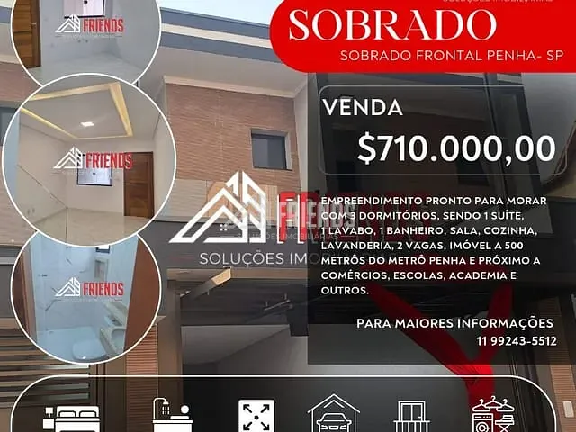 Sobrado com 105m² 3 quartos e 3 banheiros, à venda, no bairro Penha de França em São Paulo