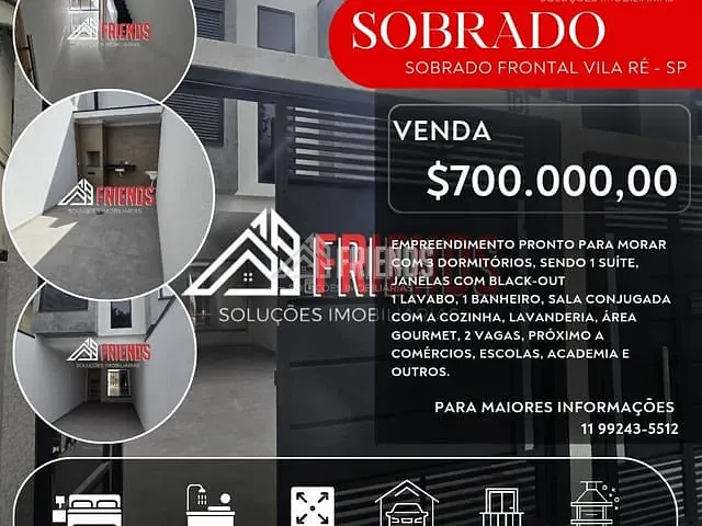 Sobrado com 125m² 3 quartos e 3 banheiros, à venda, no bairro Vila Ré em São Paulo