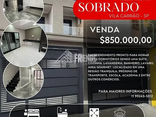 Sobrado com 158m² 3 quartos e 2 banheiros, à venda, no bairro Vila Carrão em São Paulo