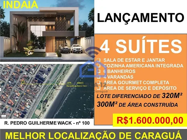Sobrado com 320m² 4 quartos e 6 banheiros, à venda, no bairro Indaiá em Caraguatatuba