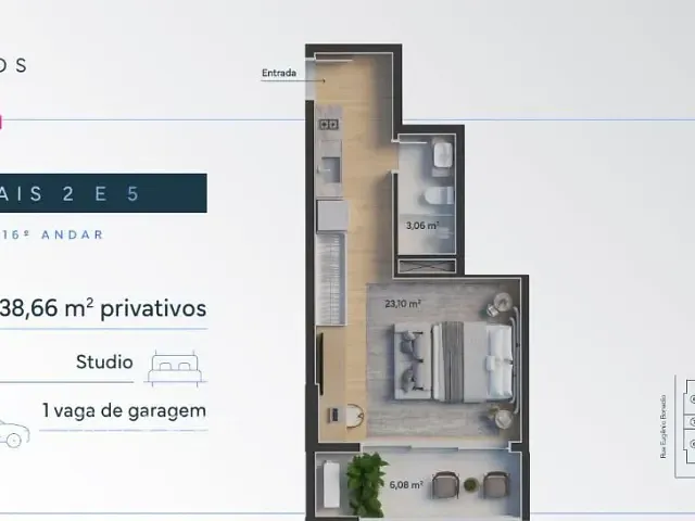 Studio com 39m² 1 quarto e 1 banheiro, à venda, no bairro Centro em São José dos Campos