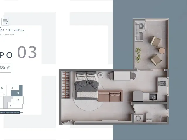 Studio com 41m² 1 quarto e 1 banheiro, à venda, no bairro Jardim das Américas em Curitiba