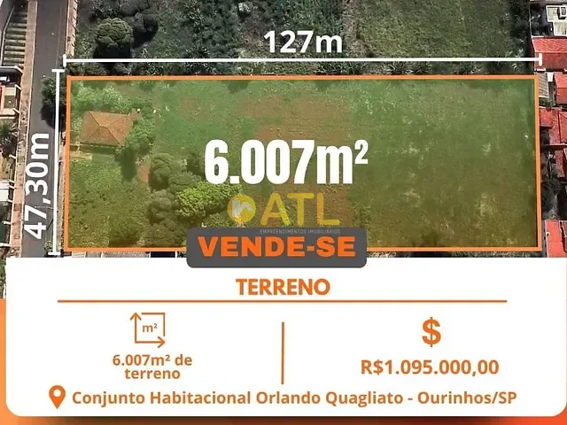 Terreno com 6007m², à venda, no bairro Conjunto Habitacional Orlando Quagliato em Ourinhos