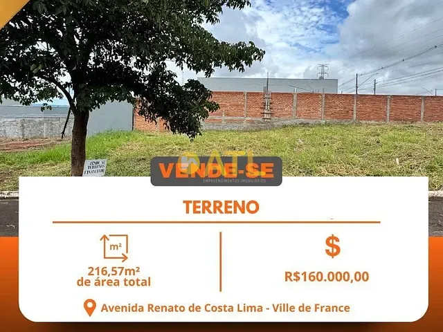 Terreno com 217m², à venda, no bairro Res Ville de France em Ourinhos