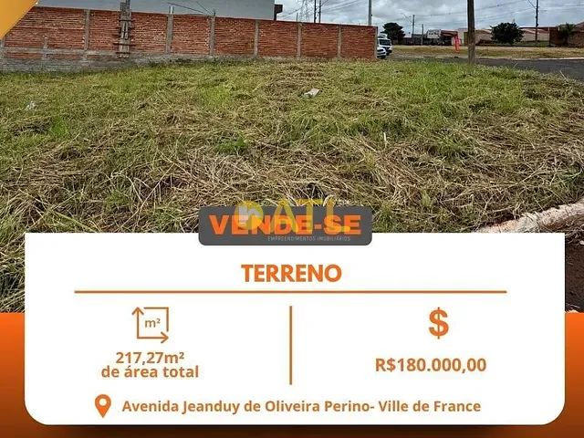 Terreno com 217m², à venda, no bairro Res Ville de France em Ourinhos