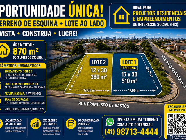 Terreno com 870m², à venda, no bairro Pinheirinho em Curitiba