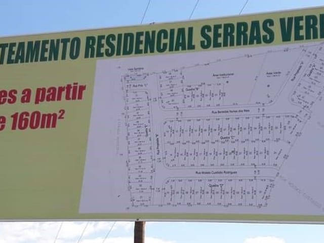 Terreno com 160m², à venda, no bairro Loteamento Serras Verdes  em Córrego do Bom Jesus