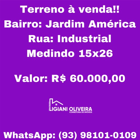 Terreno com 390m², à venda, no bairro jardim america em Novo Progresso