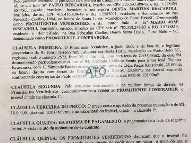 Terreno com 328m², à venda, no bairro Santa Luzia em Porto Belo