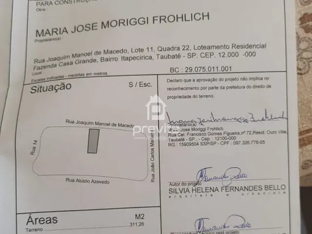 Terreno com 311m², à venda, no bairro Loteamento Residencial Fazenda Casa Grande em Taubaté