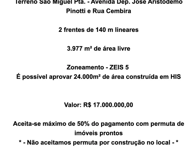 Foto do Terreno - Terreno à venda em São Miguel Paulista com 3.977m2 e duas frentes – Zoneamento ZEIS 5 com potencial construtivo de 24.000m2 | Imobiliária Xavier e Brito