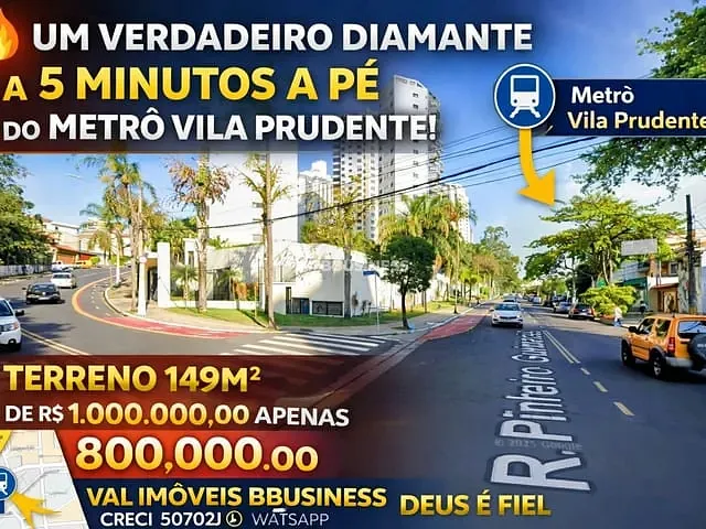 Terreno com 149m², à venda, no bairro Parque da Vila Prudente em São Paulo