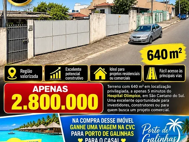 Terreno com 640m², à venda, no bairro Olímpico em São Caetano do Sul